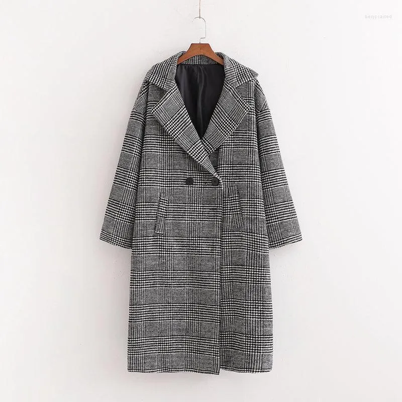 Femmes Laine Mélanges Bureau Dame Gris Foncé Filles Plaid Manteau De Laine 2022 Printemps-automne Mode Col Rabattu Femme Élégant Lâche Bery22