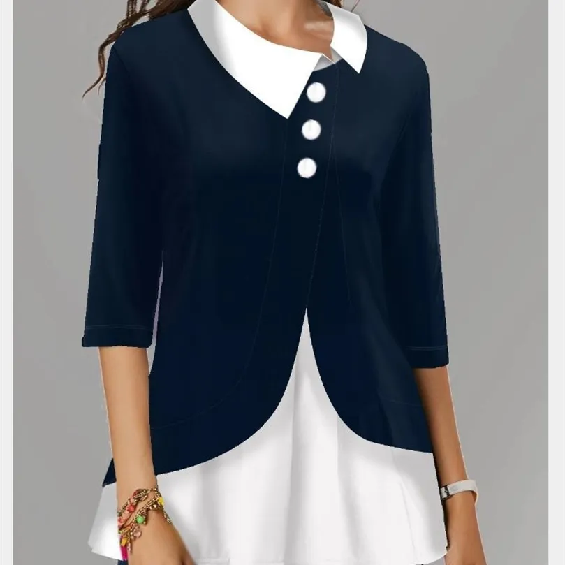 Рубашка блузена женщина мода поворотный воротник нерегулярность сплайсинга женская 3/4 рукава рубашка офисная одежда 210226