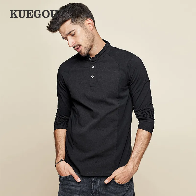 Kuegou katoen spandex heren t -shirt lange mouw pure kleur t -shirt stiksel herfst veer t shirt mannen top plus size zt1306 201116