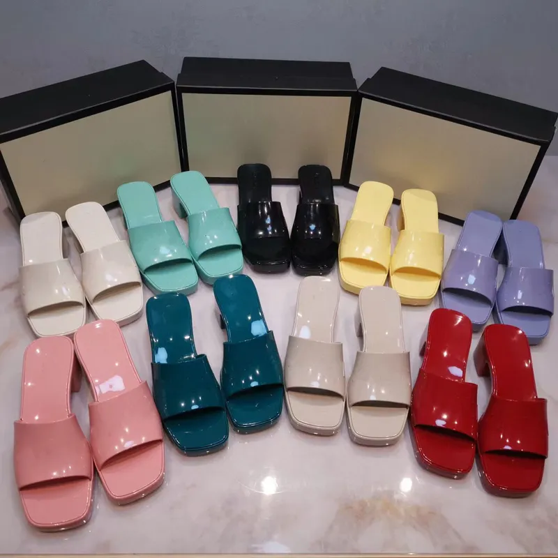 Chinelos femininos geleia antiderrapante marca fundo grosso moda sandálias de praia com caixa de sapatos 35-41