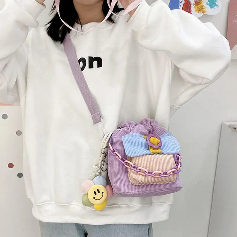 Sacs de soirée Xiuya Harajuku Kawaii sac à bandoulière femme 2022 mignon couleur bonbon velours bandoulière seau petit sac à main femme chaîne pocheEvenin