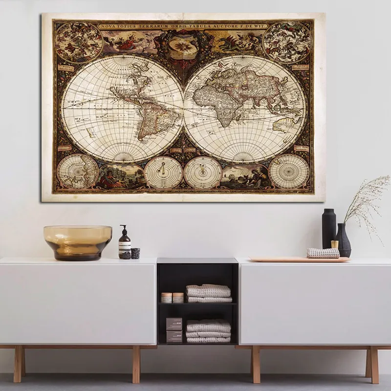 ヴィンテージワールドマップペインティングキャンバスペインティングポスターヨーロッパの古代のリビングルームの地図の壁の写真