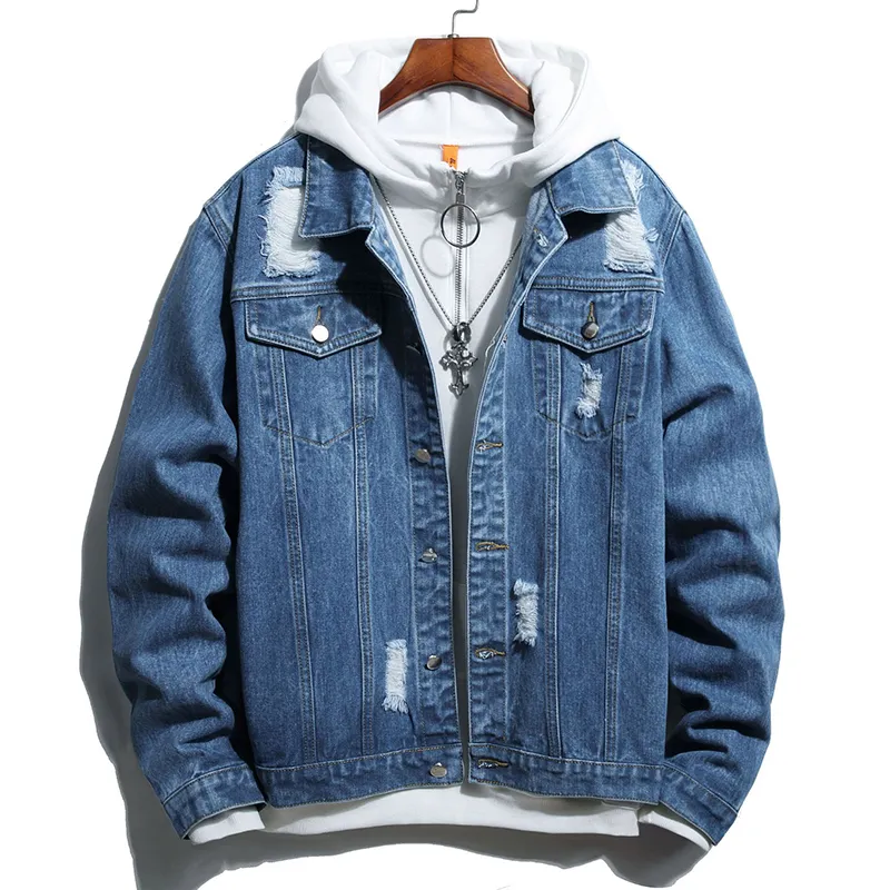 Automne déchiré Denim vêtements Cool hommes moto veste Style classique coton décontracté trou jean manteau Vintage bleu mâle vêtements