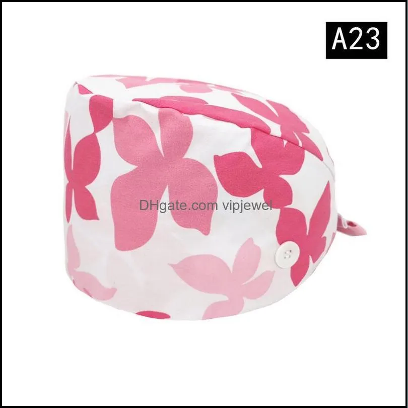 Print Scrub Cotton Nurse Hat Floral Bouffant Sanitary Cap with Sweatband Cartoon Printing Nursing Confortable Colorful Caps