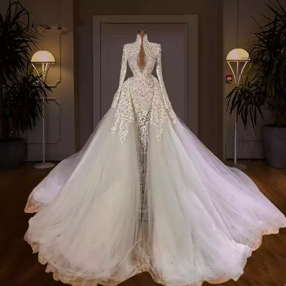 2022 Dubai Luxo Sereia Vestidos De Noiva Beading Pérolas Manga Longa Vestidos De Noiva Elegante Vestido De Noiva Robes de Mariée