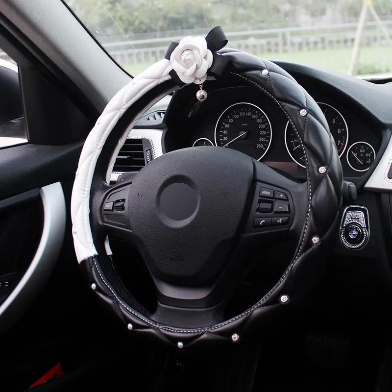 Steering Wheel Covers Diamond Crystal White Camellia Flower Car Interior Decoration Leather Styling Rhinestone CoveredSteering