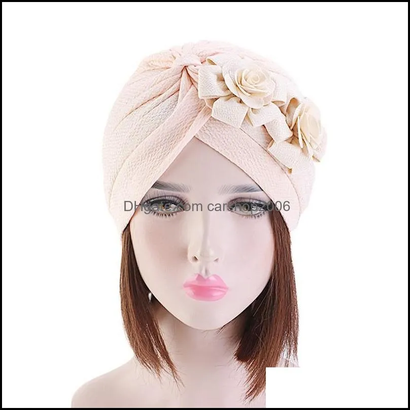 solid color rosette turban cap muslim women`s pleated wrap hijab hats beanies fashionable african ladies party headwear bonnet