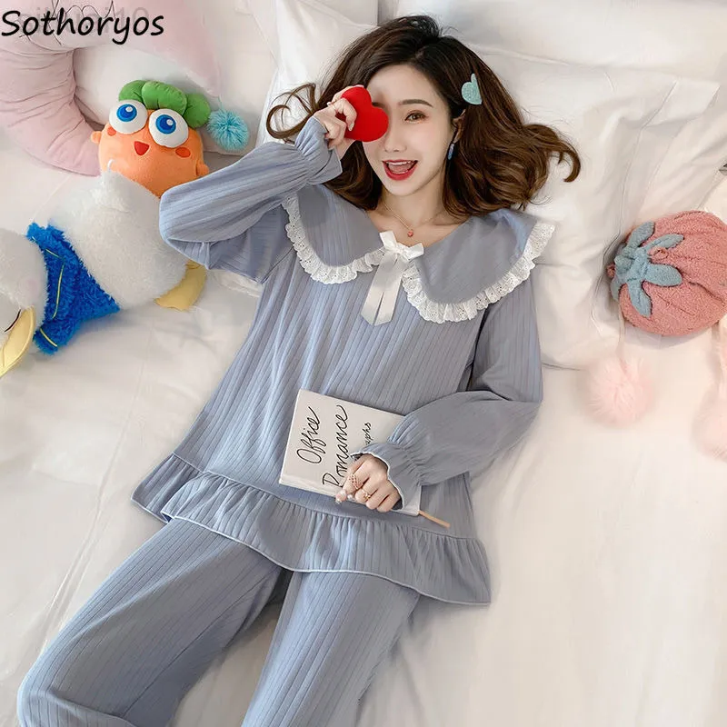 Pyjama sätter kvinnor solid spets söt söt nattkläder långa ärmar vårens höst mjuk bekväm mode koreansk stil prinsessa natt l220803