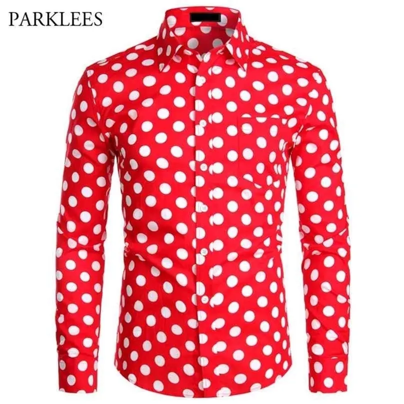 Red Mens Polka Dot Shirt Casual Button Up Dress Shirts Men Chemise Homme Party Club Male Garden Point Camisas Masculina 210626