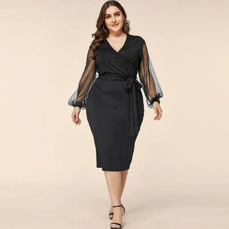 Dorywczo Dresses Doib Czarny Plus Size Sukienka Kobiety Mesh Patchwork Cross V Neck Duży 2022 Biuro Lady Vintage Sashes