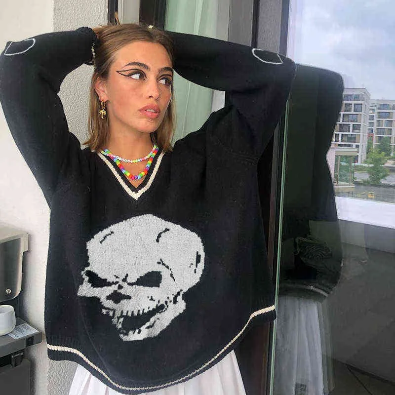 Hirigin Skulls Blue Knitted Sweaters voor vrouwen Fashion Winter Tops Oversized Jumper V Neck Long Sleeve pullovers Halloween Girls H220427 T220713