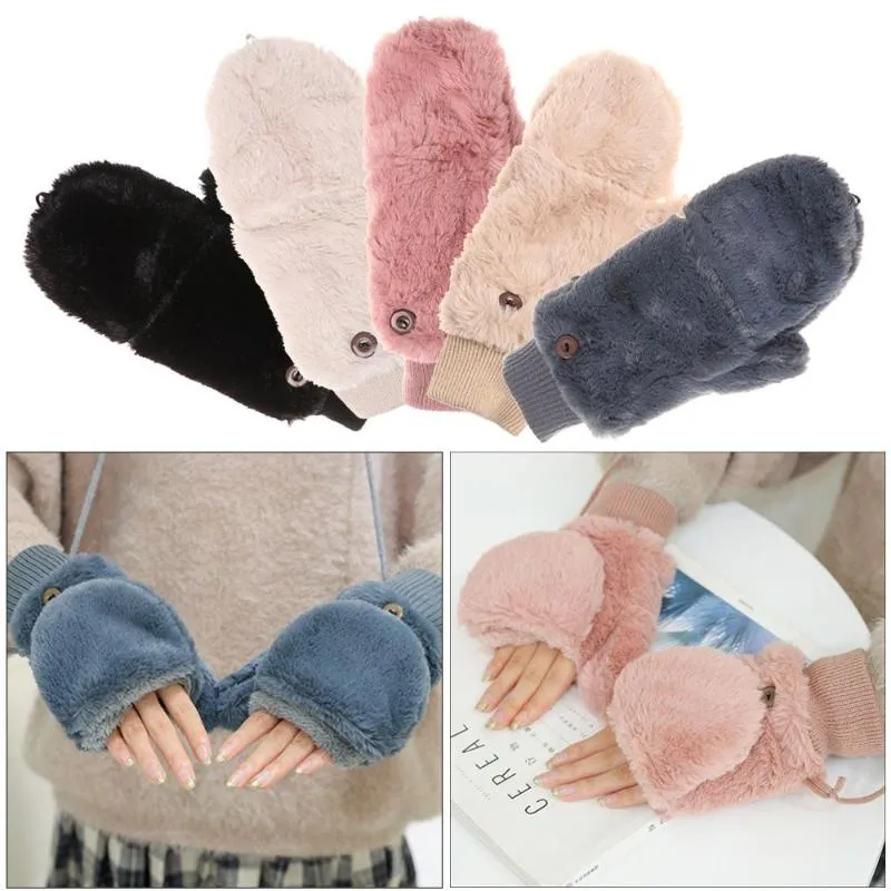 Five Fingers Gloves Women's Flip Cover Winter Half-finger Fashion Windproof Keep Warm Plush Hand Warmer