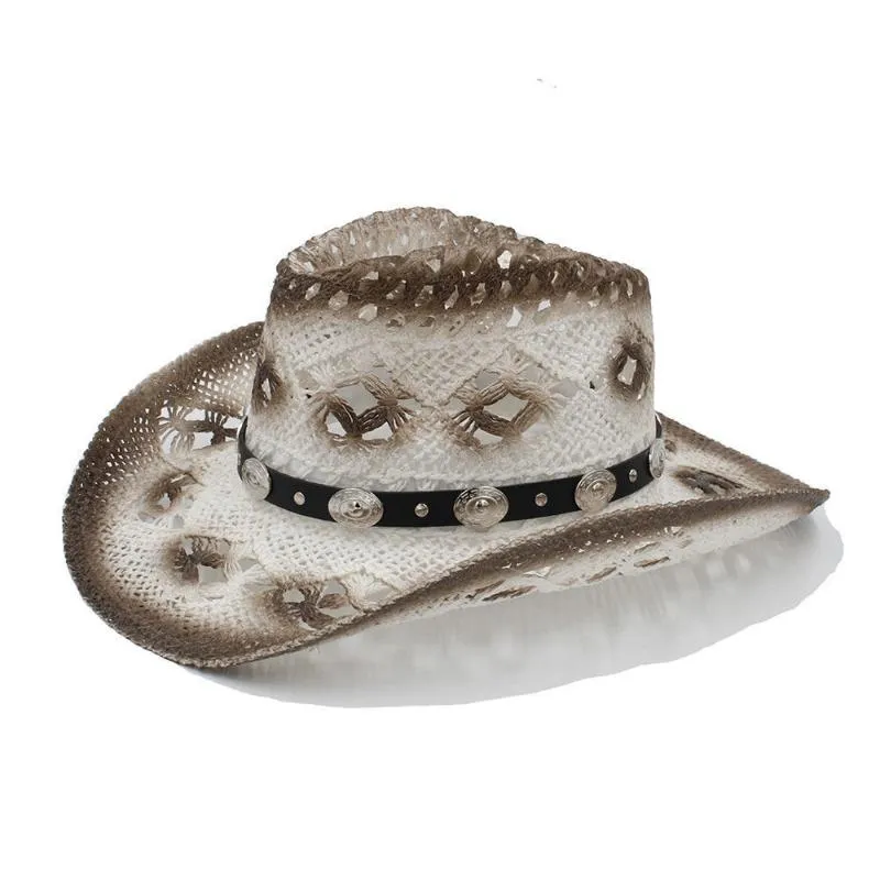 Basker kvinnor män västra cowboy hatt med läder punk band handgjorda väv strand solen sombrero cowgirl storlek 58 cm a0066berets