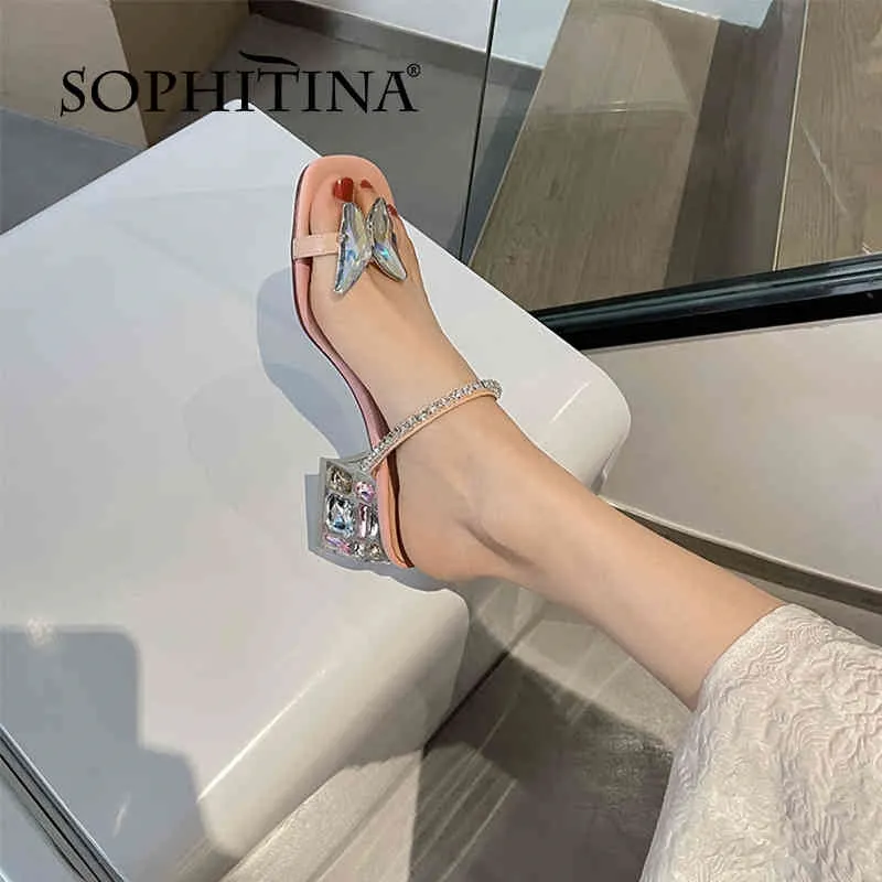 SOPHITINA Echtes Leder Sommer Frauen Schuhe Sandalen Stilvolle Süße Schmetterling Bling Seltsame Ferse Dressing Quadratische Zehe FO316 210513