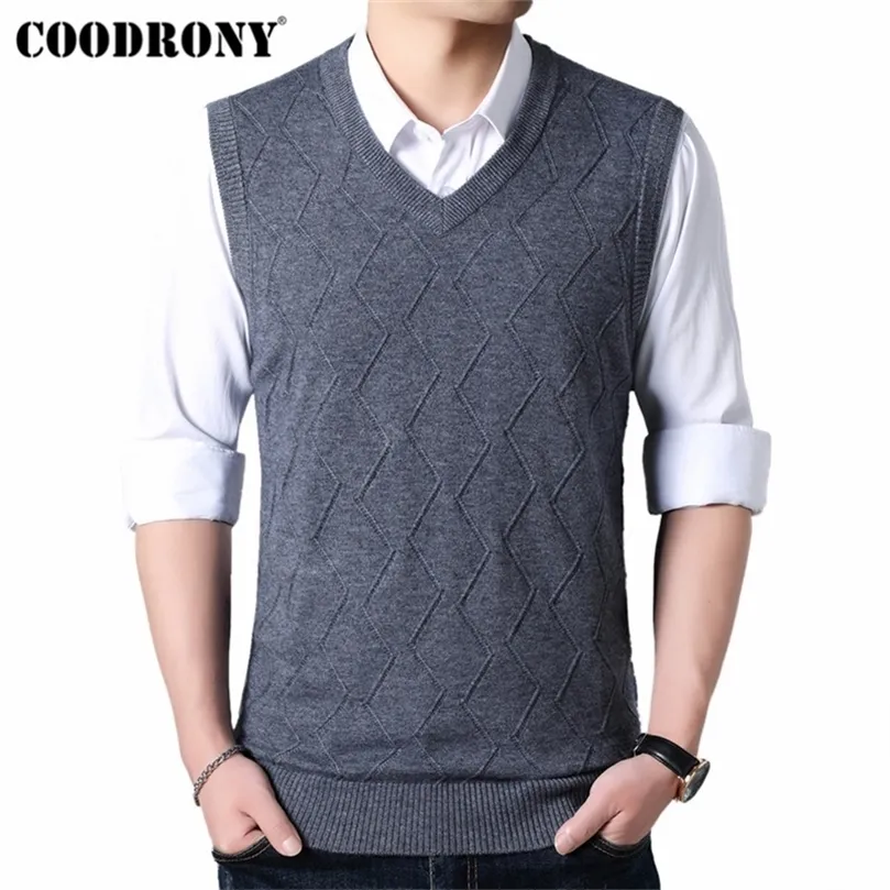 COODRONY Mens Sweaters Autumn Winter Sweater Men V-Neck Sleeveless Vest Pull Homme Knitted Cashmere Wool pullover men 91017 201224