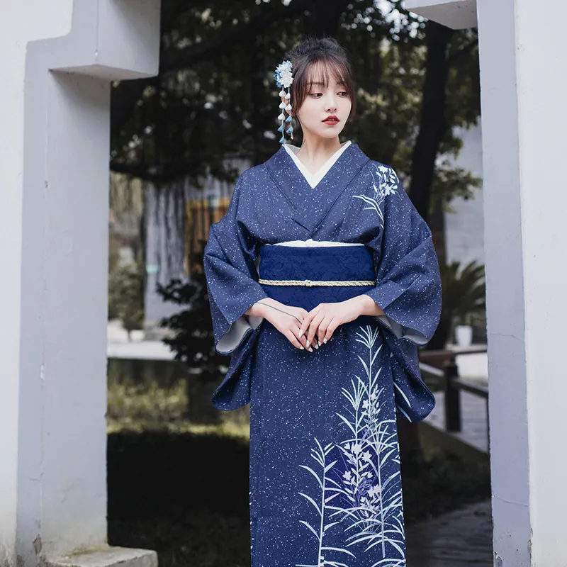 Женская этническая одежда традиционная японская одежда Blue Kimono Элегантное платье V-образного выреза Vintage Yukata National Trends Азиатские костюм