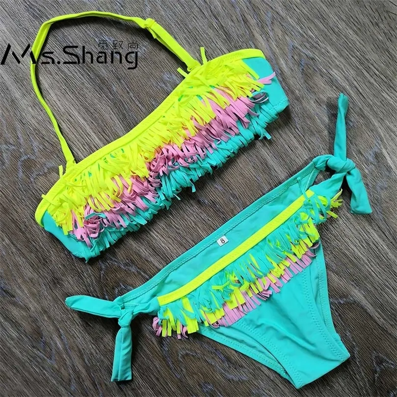 5-12 jaar Tiener Girls Swimsuit Kids Swimwear Tassel Big Bikini Halter Top Bathing Suit Fringe Children Swim Wear 220426