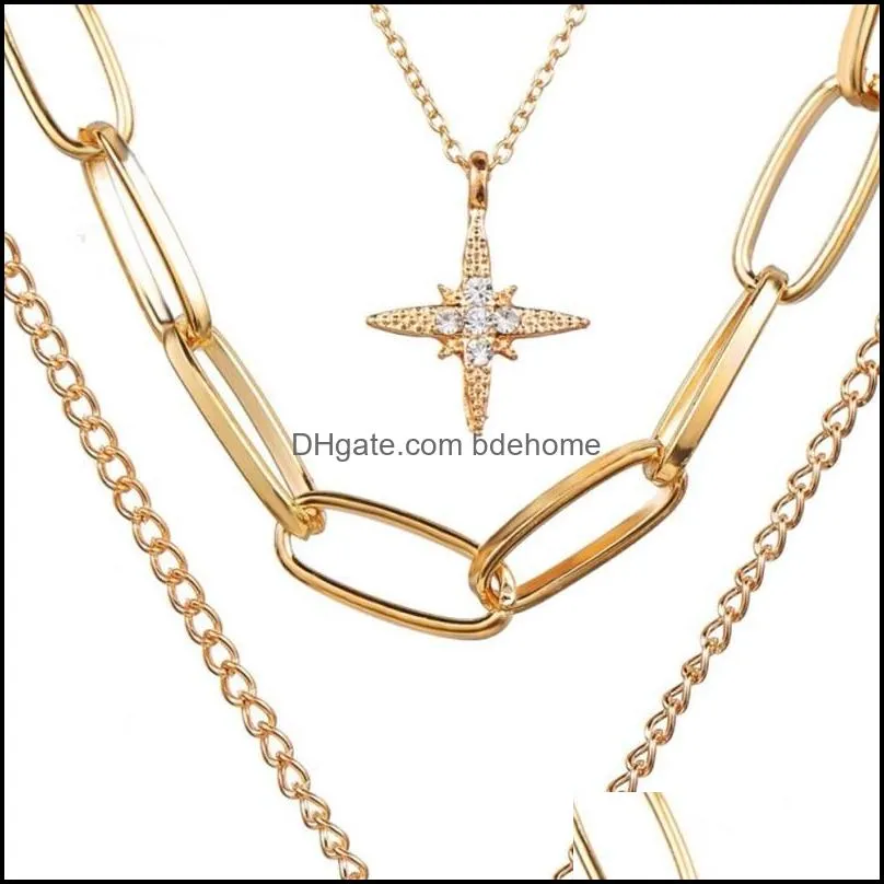 Necklace 2021 Multi-layer Necklaces Retro Eight Star Lock Pendant Thick Chain Female Jewlery For Women Wholesale Collares 720 Q2