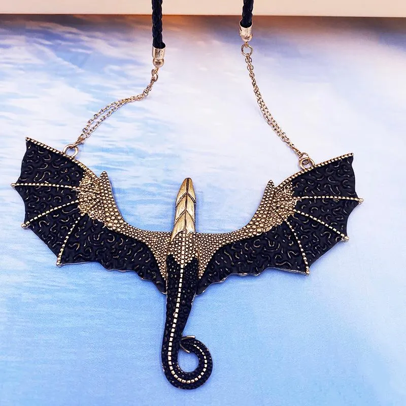 Pendant Necklaces Punk Retro Gothic Jewelry Antique Black Gold Dragon Necklace Vintage Pterosaur Charm Women Man Gift Drop ShipPendant