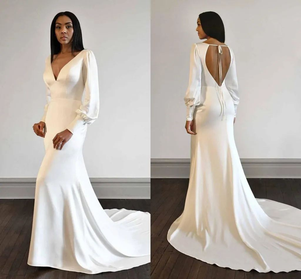 Long Sleeves Crepe Stain Beach Wedding Dresses Sexy V-neck Backless Sweep Train Bohemian Mermaid Bridal Gowns Trumpet Vestidos De Novia