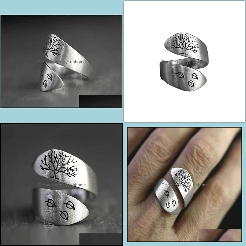 Drawing silver jewelry ringsTechnology Three Leaves Tree of Life Ring