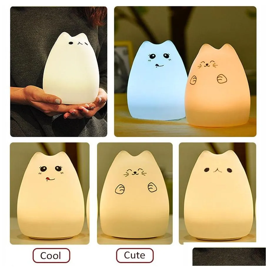 colorful cat silicone led night light rechargeable touch sensor light 2 modes children cute night lamp bedroom light