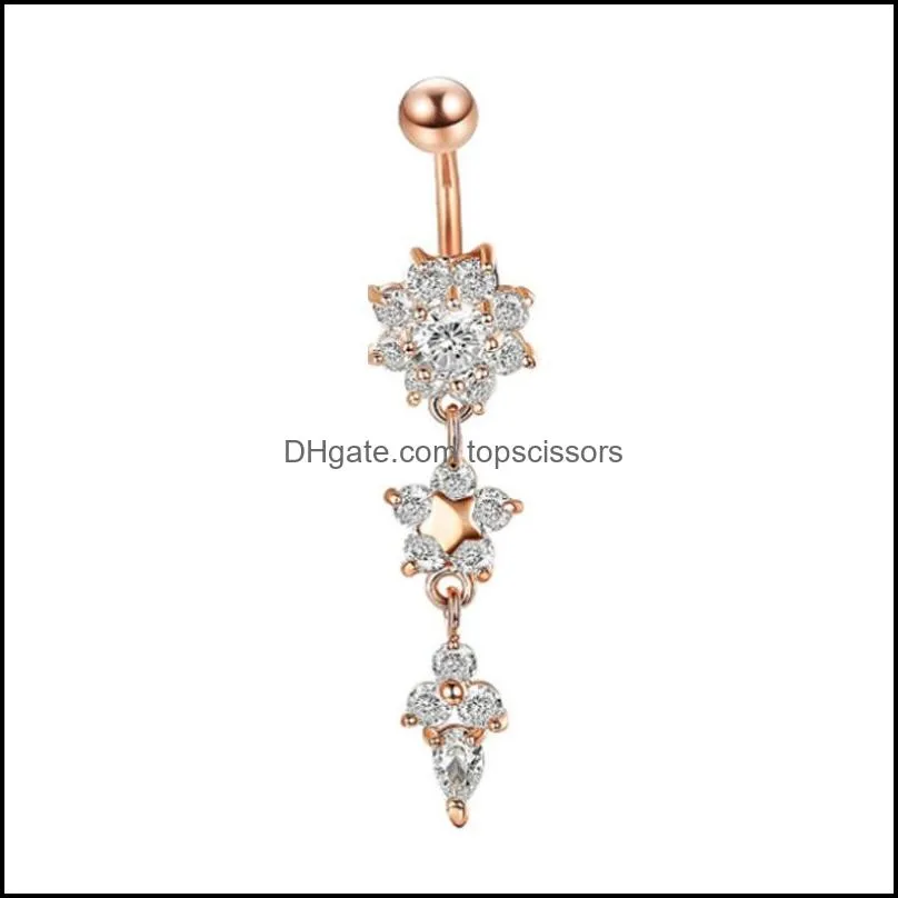 zircon flowers belly button ring 316l stainless steel cz inlaid body piercing 14g navel barbell