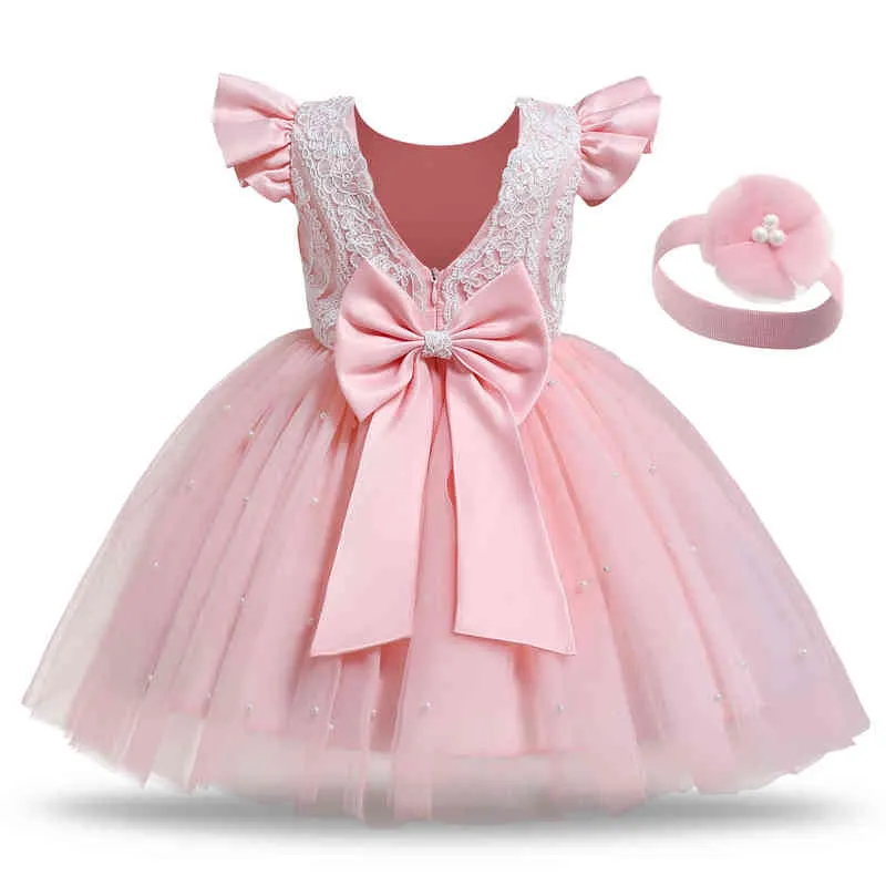 Bambino Neonate Primo Compleanno Battesimo Abiti V-back Arco Elegante Pizzo Festa di Nozze Abito di Promenade Bambini Principessa Comunione Vestido G220428