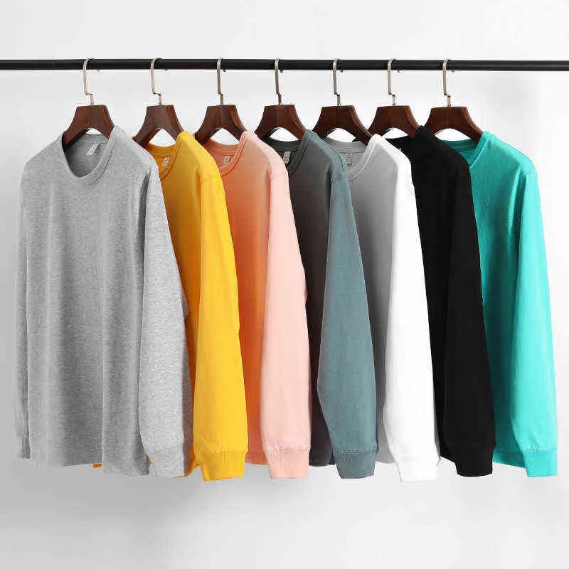 T022N1High Quality Men T-Shirt Long Sleeve Solid Color Thread Cuff O-Neck Fashion Urban Heavy Weight 300g Cotton Daily Male Tees T220808