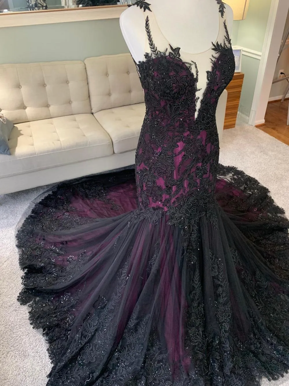 purple mermaid wedding dress Illusion Neckline Evening Dress Mermaid Lace Long Sleeves