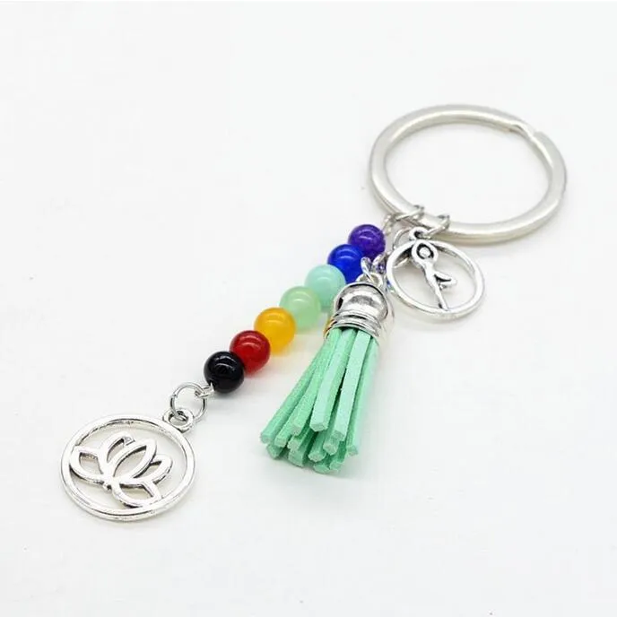 Seven Chakra Stone Tassel Keychain Pendant Lotus Reiki Healing Yoga Natural Gemstone Beaded Key Chain Creative Keyring