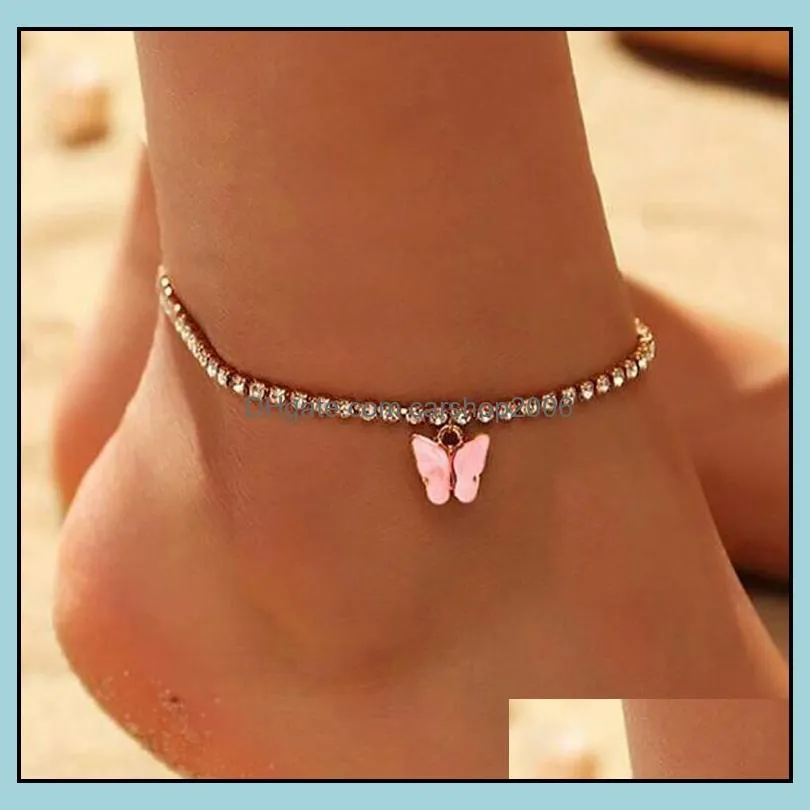 Sweet Cute Butterfly Anklet Rhinestone Crystal Ankle Bracelet Boho Beach Acrylic Anklets for Women Sandals Foot Bracelets