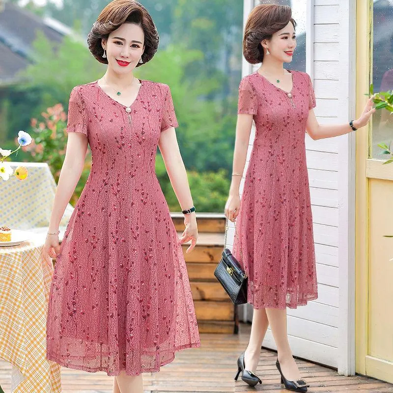 Casual Kleider Frauen Sommer Chiffon Kleid Damen Mittleren Alters Print Kurzarm Plissee Weibliche Vintage V-ausschnitt VestidosCasual