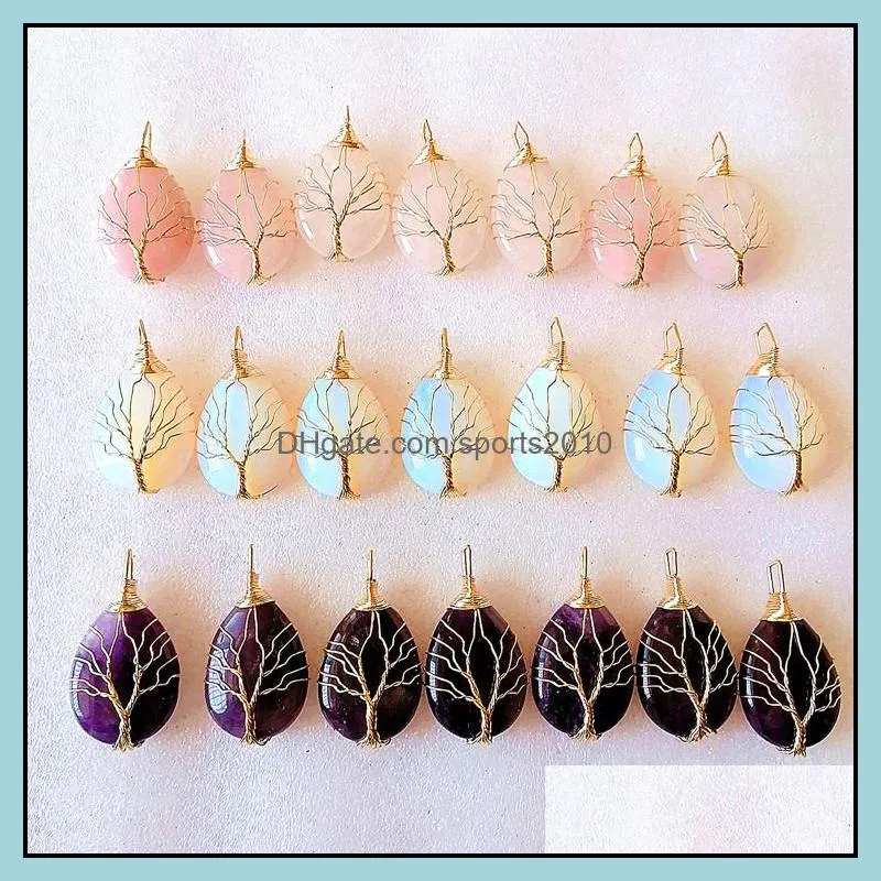 gold siver wire wrap tree of life waterdrop natural stone charms chakra healing pendant craft for diy earrings necklace jew sports2010