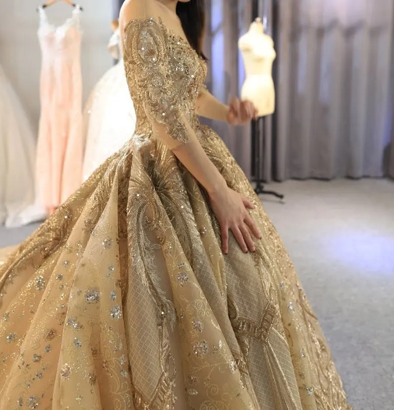 Gold Sequined Gold Gown for wedding with Long Sleeves and Pleats - Customizable Arabic Dubai Bridal Gown with Vintage Cathedral Train Gold Sequined Gold Gown for wedding with Long Sleeves and Pleats - Customizable Arabic Dubai Bridal Gown with Vintage Cathedral Train