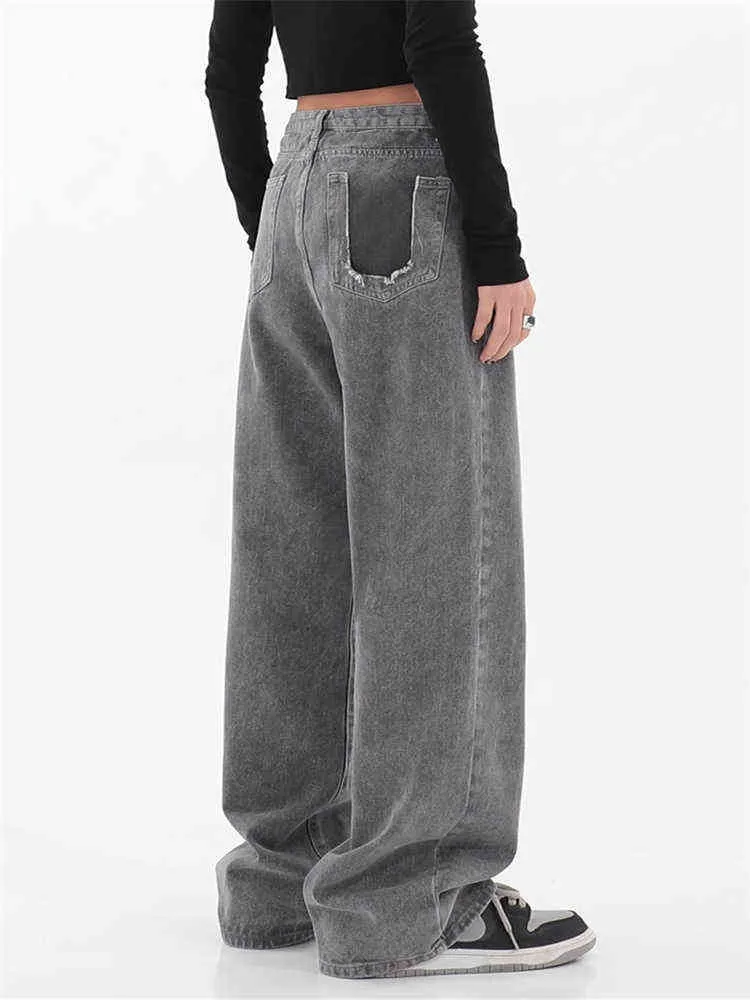 Koreanischen Stil Frauen Jeans Denim Vintage Breite Bein Jean Stiefel Mode Lose Lange Länge Streetwear Weibliche Hosen Casual Grau Hosen t220728