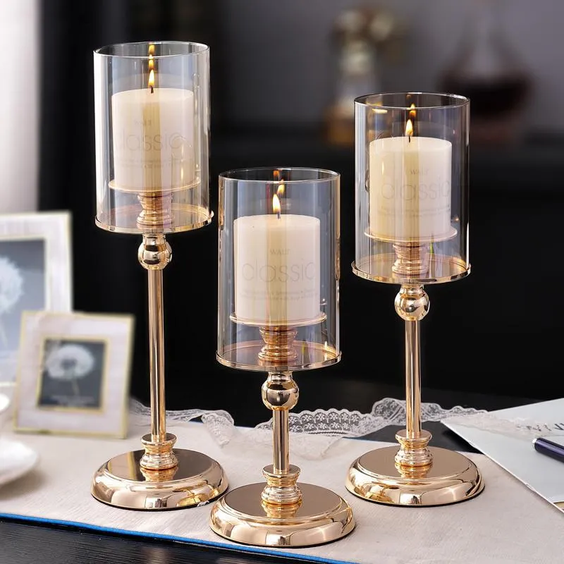Brass Pillar Candle Holders Candlestick Metal Golden Glass Tall Feet