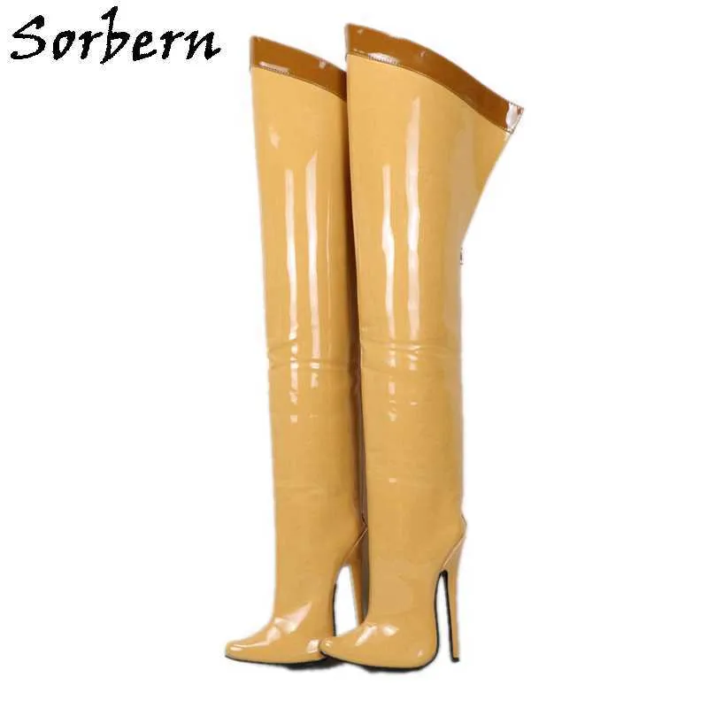 女性の膝のブーツの上のSORBERN 18cmのスティレット女性の注文の脚の子のサイズの硬いシャフトの金のリボントリムミッド - 太ももブーツ特許黒