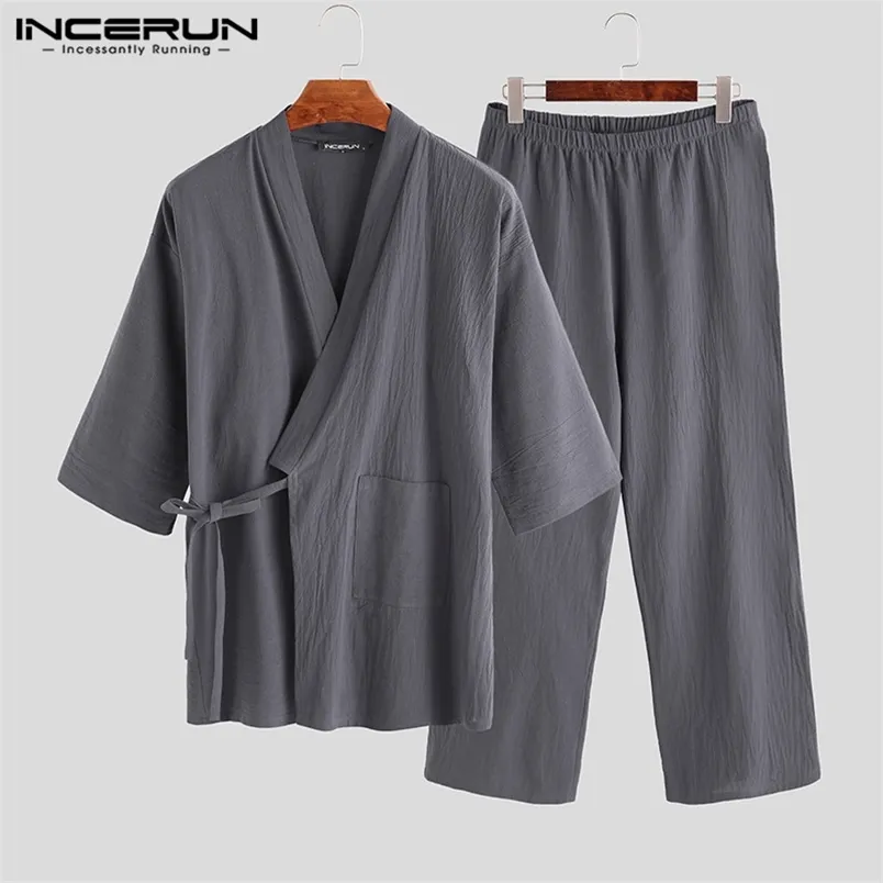 Japanese Mens Kimono Pajamas Sets Male Robe Gown 2Pcs Set Bathrobe Sleepwear Loose Man Cotton Comfortable 5XL 220613