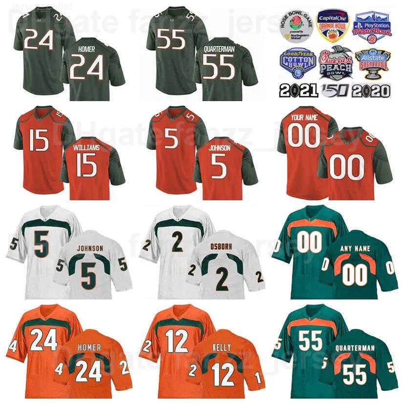 NCAA College Miami Hurricanes 5 Andre Johnson Jerseys Football 15 Jarren Williams 2 KJ Osborn 55 Shaquille Quarterman NKosi Perry 24 Travis Homer 12 Jim Kelly Stitch