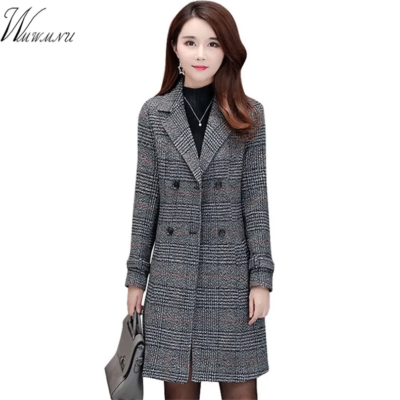 Mode warme Wollmischungen weibliche elegante zweireihige Wollmantel Frauen Plaid lange Oberbekleidung Winterkleidung 201215