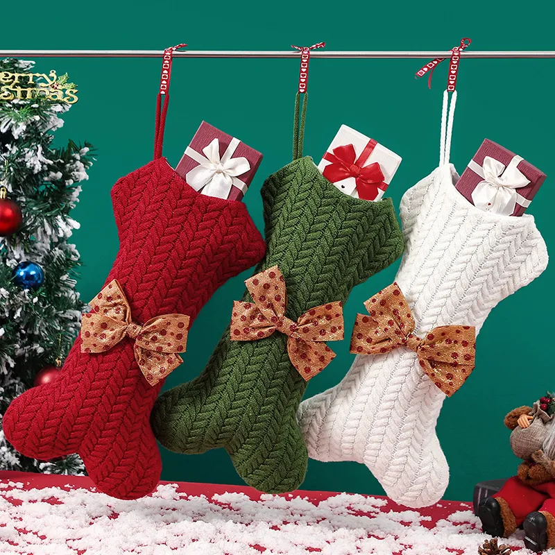 Dog Bone Christmas Stockings for Pet Knit Xmas Stocking Holiday Home Decoration Fireplace Hanging Ornaments PHJK2208