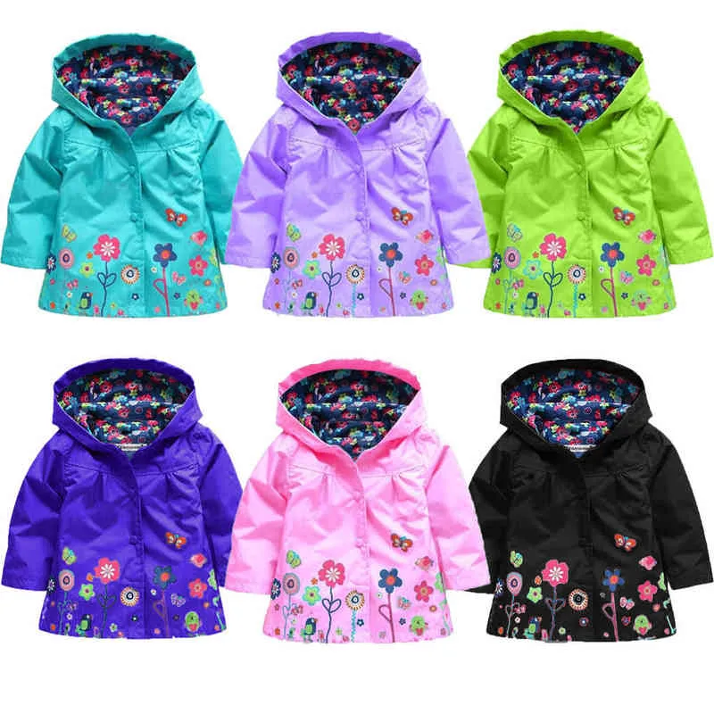 Multicolor Girls Cute Rain Capa Spring Spring 2-6 anos de outono Flower Flower and Butterfly Kids Jackets Criança infantil J220718