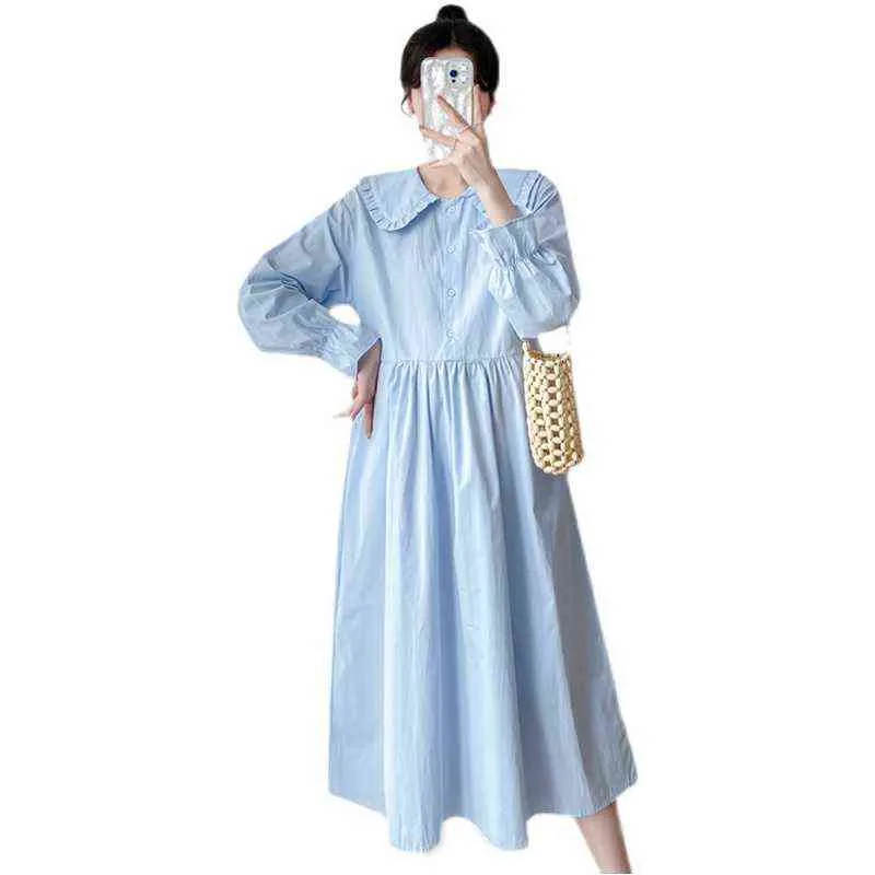 Fashion Maternity Dress Spring Autumn Long Sleeve Peter Pan Collar Pregnant Woman Aline Dress With Belt High Waist Cotton Dress J220628