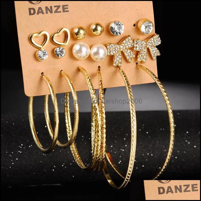 pearl bowknot hoop alloy stud dangle earring set bohemian big round rhinestones earrings for women jewelry c324fz