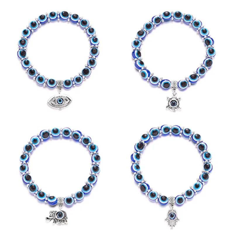 20 pcs/lot Bleu Mauvais Œil Perlé Brins Bracelet Main de Fatima Dinde Mille Yeux Souhait À La Main Femmes Résines Perle Bracelet Élastique Bracelets Jewlery