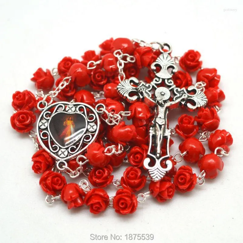 Chaînes Corail Rouge Fleur Perle Jésus Coeur Médaille Chapelet Catholique Chaînes Godl22