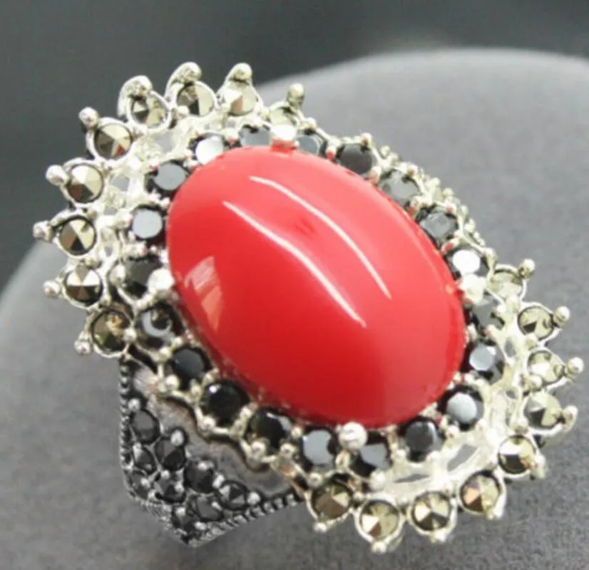 Ringos de cluster Noble 16 27mm 925 Sterling A Marcasite Red Ring Ring Tamanho 7/8/9/10cluster