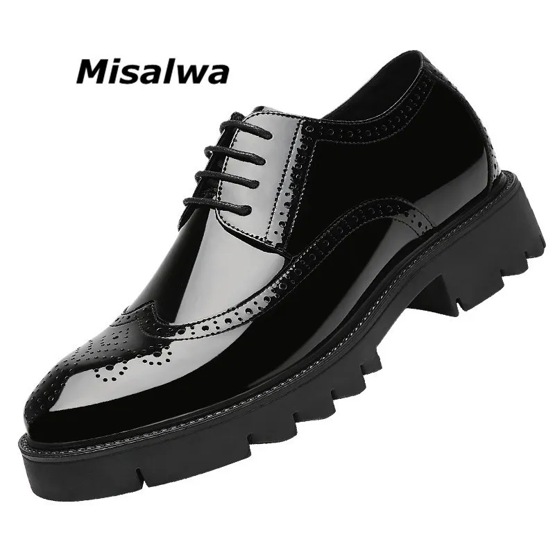 Misalwa Platform High Heel 4/7/9 CM高さの増加カジュアルな男性のブローグ特許革靴の男オックスフォードのドレスシューズエレベーターフォーマル220318