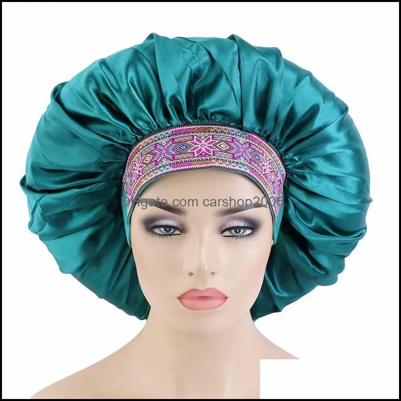 large size ethnic style embroidered satin night sleep cap soft women elastic band hair care hats smooth beauty bonnet